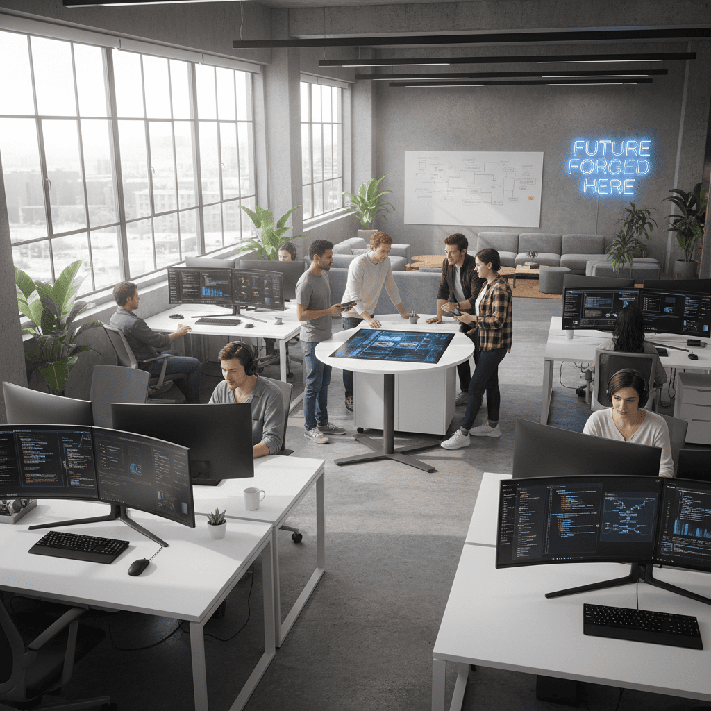 Tech team collaborating around modern office table with laptops