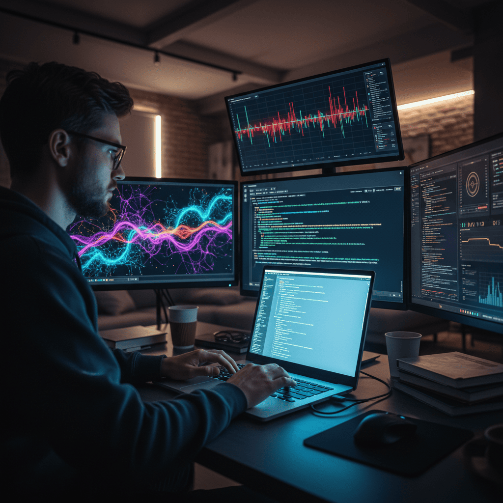 Developer coding on laptop with multiple screens showing code