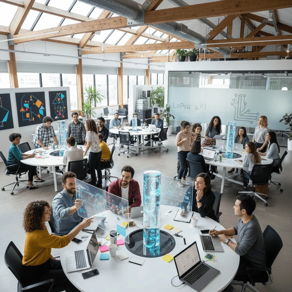 Equipo de Efesoft colaborando en oficina moderna con laptops y pantallas